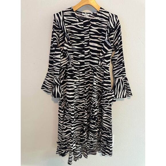 Ganni Women’s Zebra Animal Print Ruffle Modest Cotton Midi Dress Sz 38 (M) - Picture 2 of 9